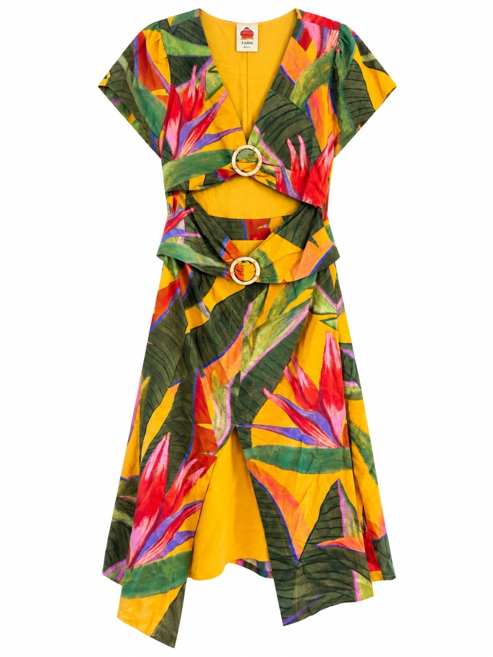Farm Rio Yellow Garden Midi Dress Womens Large NWT Tropical Cutout Ring Detail - Picture 3 of 13